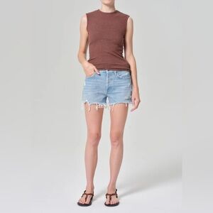 Agolde Light Blue Frayed Hem Jean Shorts